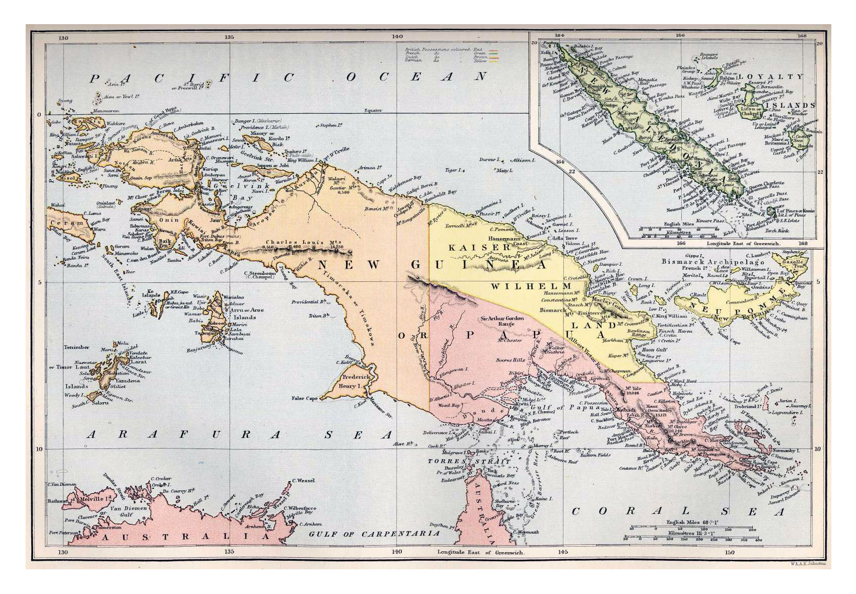 A vintage 1884 colonial-era map of the island of New Guinea, featuring hand-drawn topographical details, faded parchment textures, and distinct boundary lines dividing the western and eastern territories under European colonial influence
