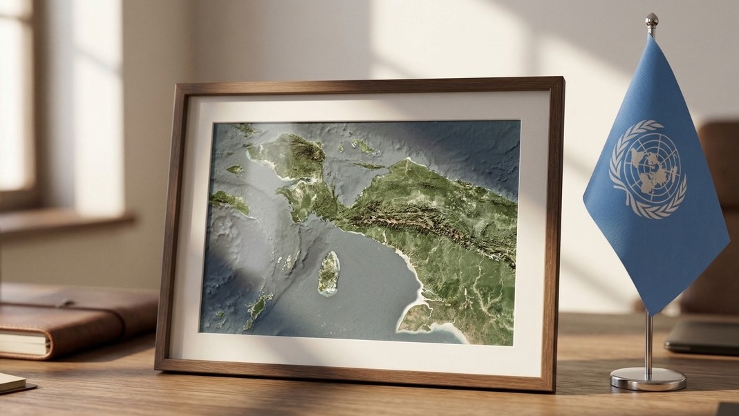 An infographic titled "The Legal Finality of West Papua" featuring a map of Indonesia and the United Nations logo.