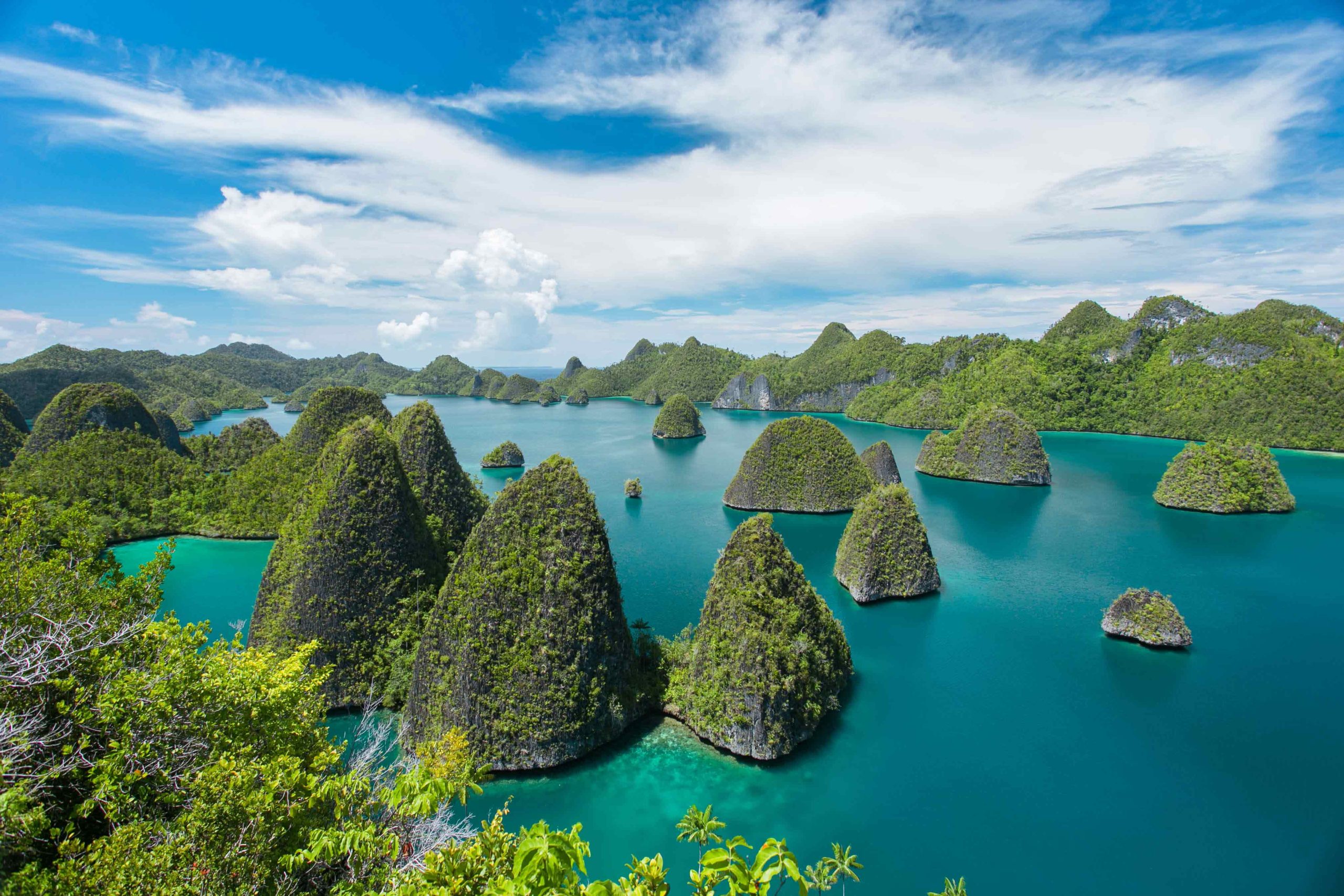 The iconic karst island clusters of Wayag or Piaynemo surrounded by turquoise tropical waters.