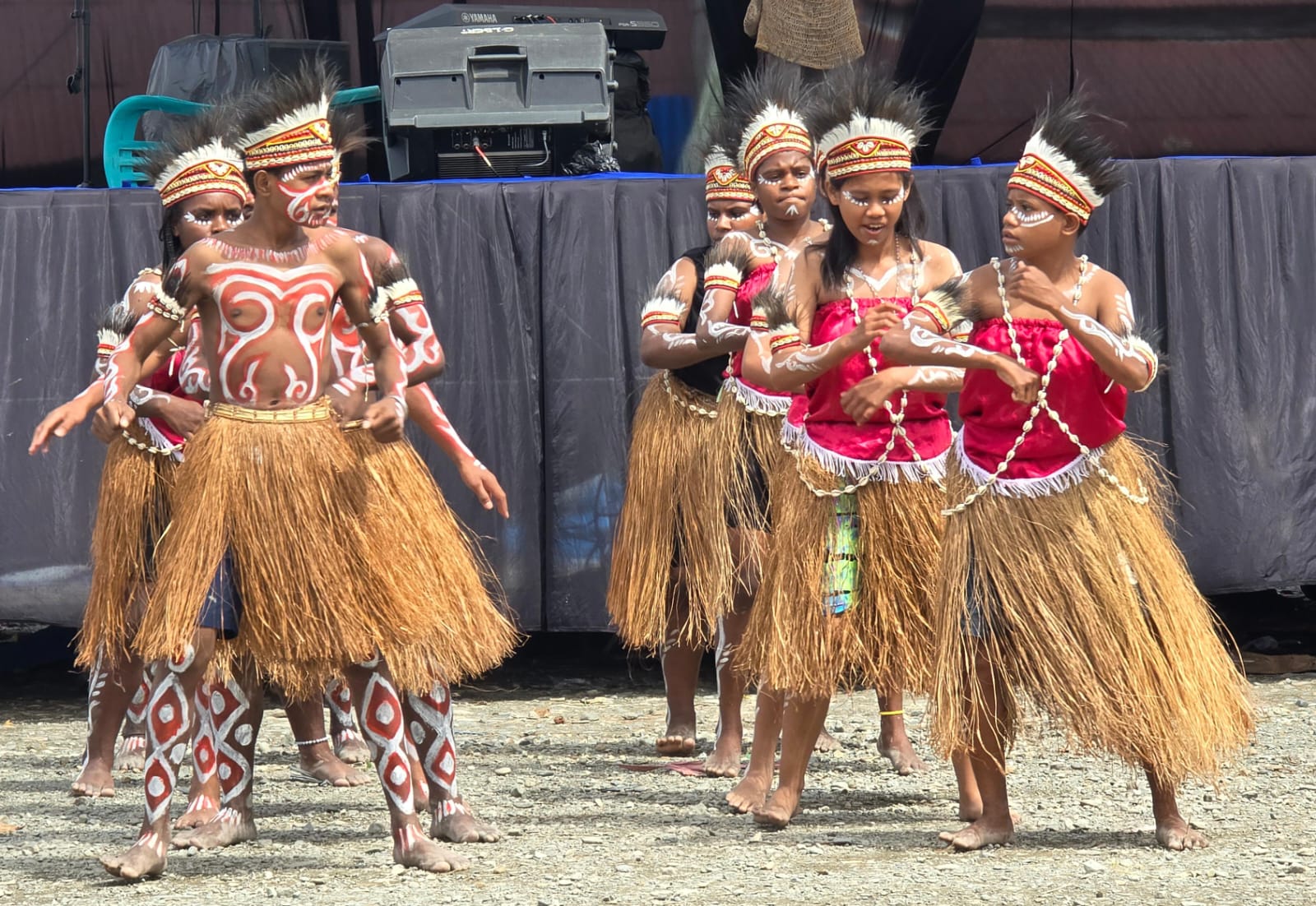 A group of Kamoro indigenous men in Papua performing the Seka Dance with traditional tifa drums and bird-of-paradise headpieces.