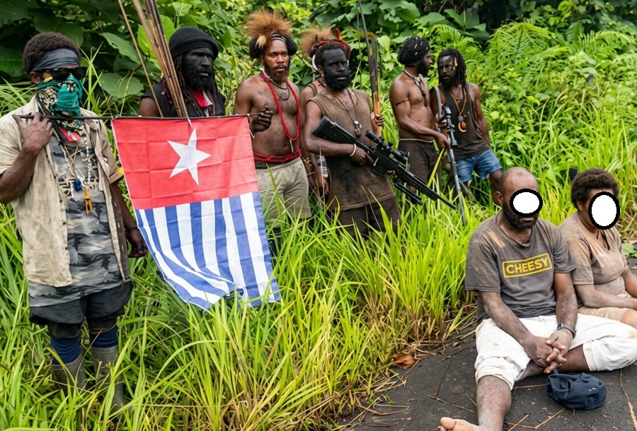 A photograph showing a group of armed fighters with the Morning Star flag standing over a seated indigenous couple who are held captive, report the claim that West Papua separatists shoot couple.